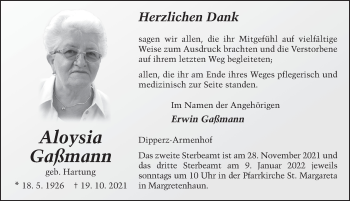 Traueranzeige von Aloysia Gaßmann von FZ