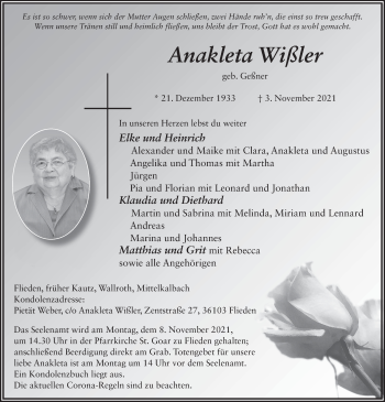 Traueranzeige von Anakleta Wißler von FZ