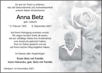 Traueranzeige von Anna Betz von FZ