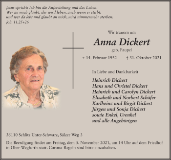 Traueranzeige von Anna Dickert von FZ