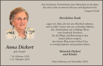 Traueranzeige von Anna Dickert von FZ