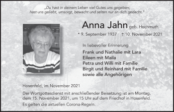 Traueranzeige von Anna Jahn von FZ