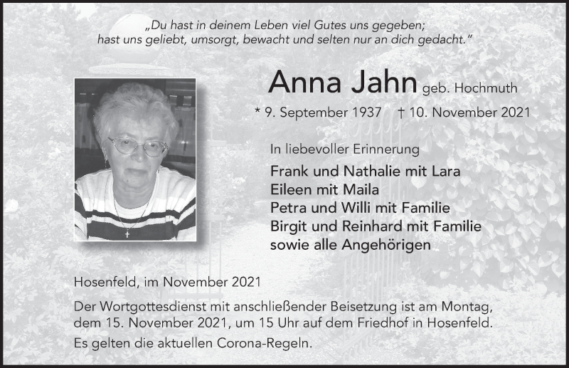  Traueranzeige für Anna Jahn vom 13.11.2021 aus FZ