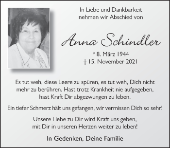 Traueranzeige von Anna Schindler von FZ