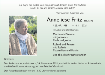 Traueranzeige von Anneliese Fritz von FZ