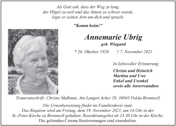 Traueranzeige von Annemarie Ubrig von FZ