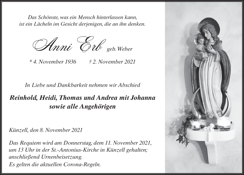  Traueranzeige für Anni Erb vom 08.11.2021 aus FZ
