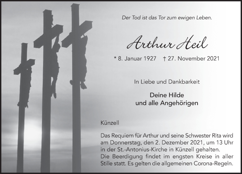  Traueranzeige für Arthur Heil vom 30.11.2021 aus FZ