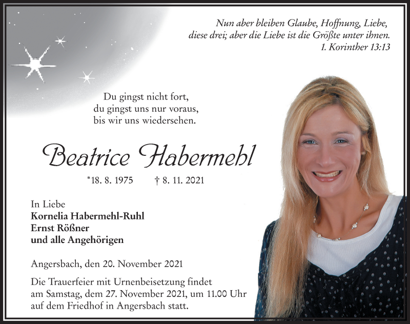  Traueranzeige für Beatrice Habermehl vom 20.11.2021 aus FZ