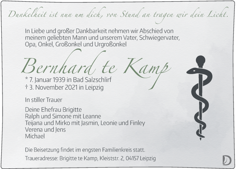  Traueranzeige für Bernhard  te Kamp vom 20.11.2021 aus FZ
