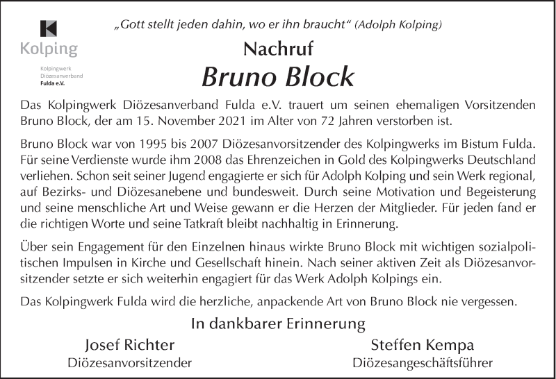  Traueranzeige für Bruno Block vom 18.11.2021 aus FZ