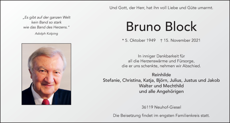  Traueranzeige für Bruno Block vom 18.11.2021 aus FZ