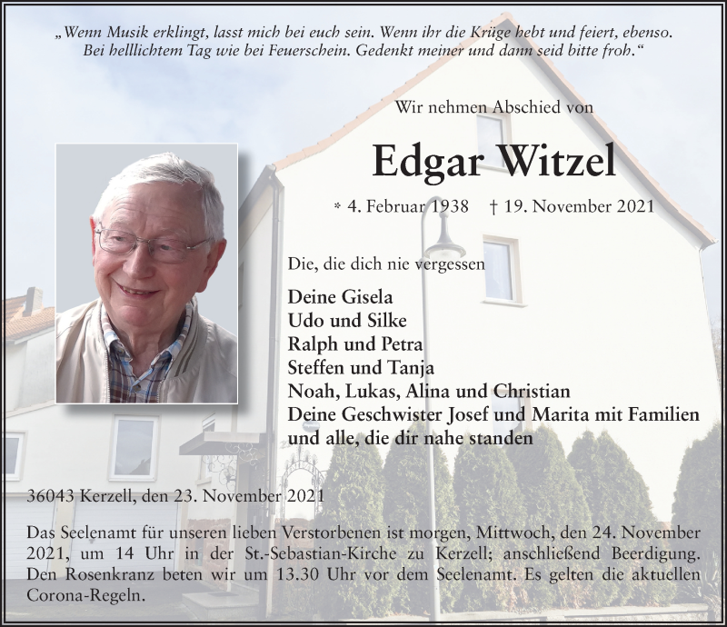  Traueranzeige für Edgar Witzel vom 23.11.2021 aus FZ