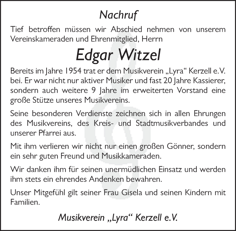  Traueranzeige für Edgar Witzel vom 23.11.2021 aus FZ