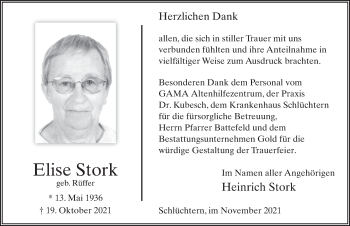 Traueranzeige von Elise Stork von FZ