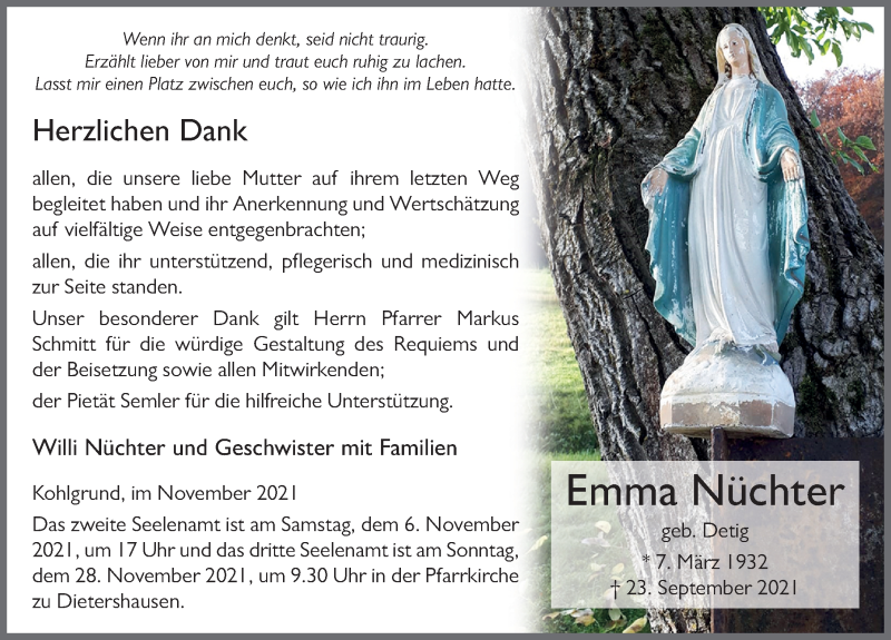  Traueranzeige für Emma Nüchter vom 03.11.2021 aus FZ