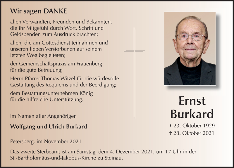  Traueranzeige für Ernst Burkard vom 27.11.2021 aus FZ