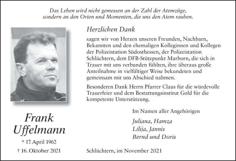  Traueranzeige für Frank Uffelmann vom 27.11.2021 aus FZ