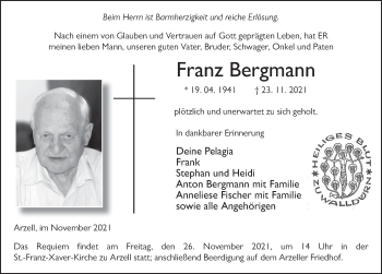 Traueranzeige von Franz Bergmann von FZ