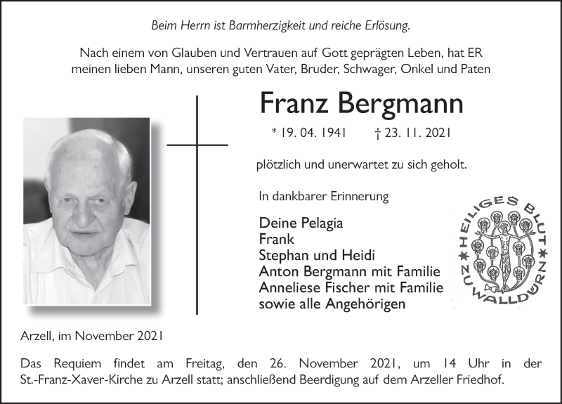  Traueranzeige für Franz Bergmann vom 25.11.2021 aus FZ
