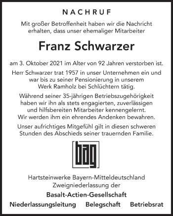 Traueranzeige von Franz Schwarzer von FZ