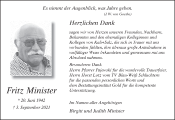 Traueranzeige von Fritz Minister von FZ