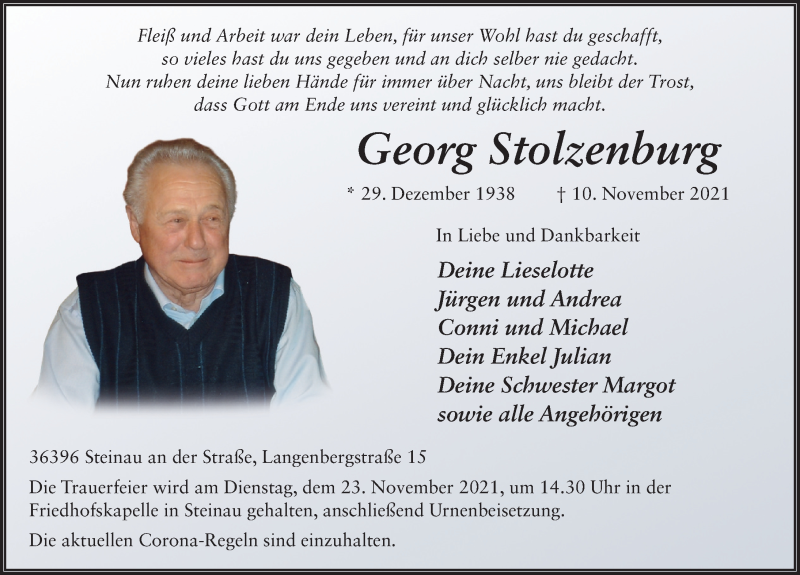  Traueranzeige für Georg Stolzenburg vom 19.11.2021 aus FZ