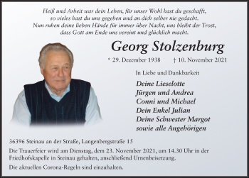 Traueranzeige von Georg Stolzenburg von FZ