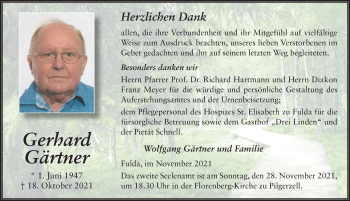 Traueranzeige von Gerhard Gärtner von FZ
