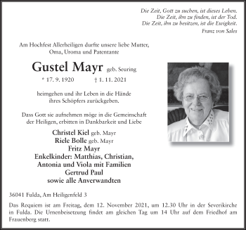Traueranzeige von Gustel Mayr von FZ