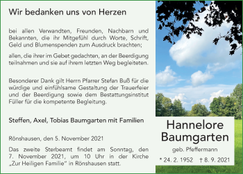Traueranzeige von Hannelore Baumgarten von FZ