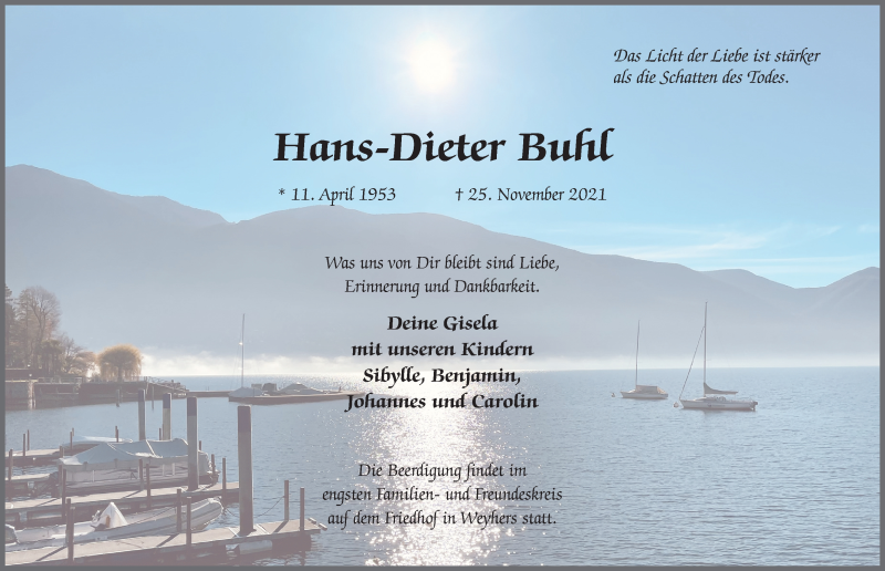  Traueranzeige für Hans-Dieter Buhl vom 30.11.2021 aus FZ