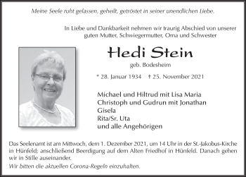 Traueranzeige von Hedwig Stein von FZ