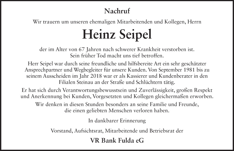  Traueranzeige für Heinz Seipel vom 27.11.2021 aus FZ