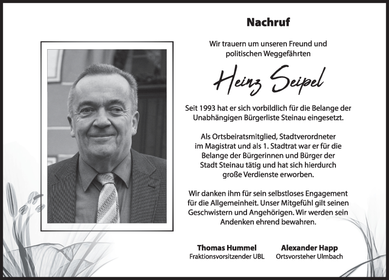  Traueranzeige für Heinz Seipel vom 25.11.2021 aus FZ