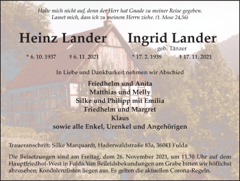 Traueranzeige von Heinz und Ingrid Lander von FZ