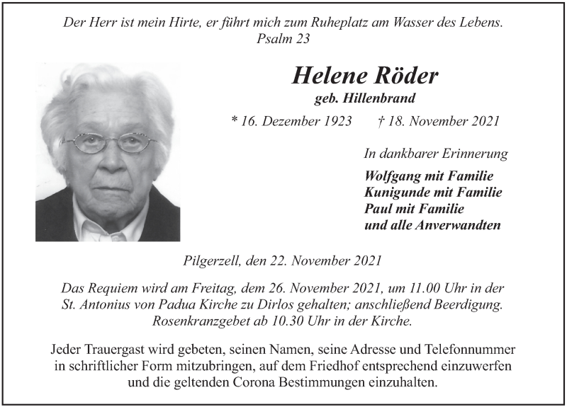 Traueranzeige für Helene Röder vom 22.11.2021 aus FZ
