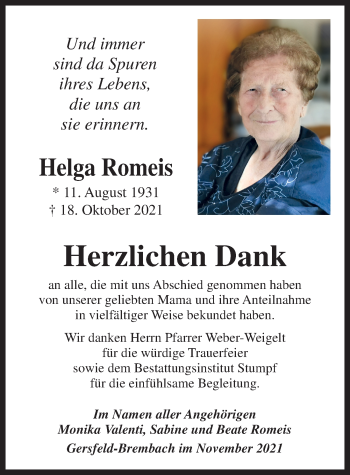 Traueranzeige von Helga Romeis von FZ
