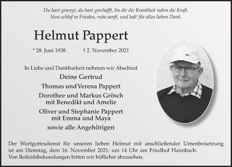  Traueranzeige für Helmut Pappert vom 13.11.2021 aus FZ