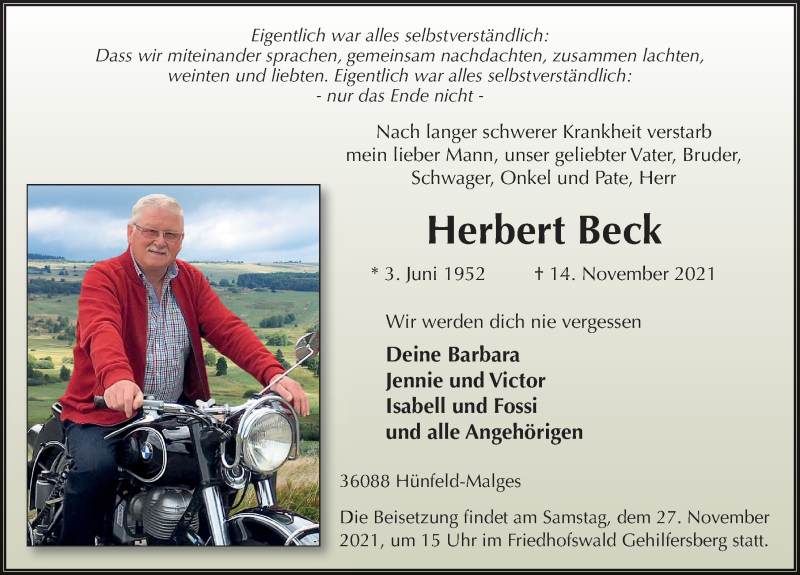  Traueranzeige für Herbert Beck vom 23.11.2021 aus FZ