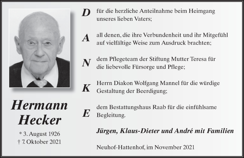  Traueranzeige für Hermann Hecker vom 13.11.2021 aus FZ