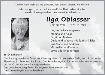 Traueranzeige von Ilga Oblasser von FZ