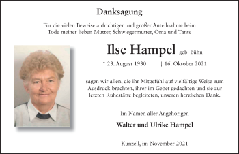 Traueranzeige von Ilse Hampel von FZ