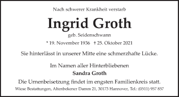 Traueranzeige von Ingrid Groth von FZ