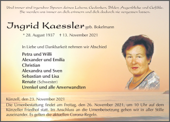 Traueranzeige von Ingrid Kaessler von FZ