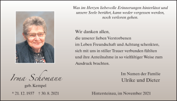 Traueranzeige von Irma Schomann von FZ