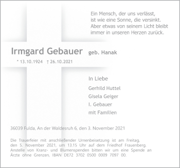 Traueranzeige von Irmgard Gebauer von FZ