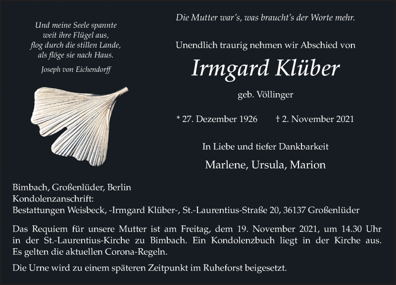  Traueranzeige für Irmgard Klüber vom 13.11.2021 aus FZ
