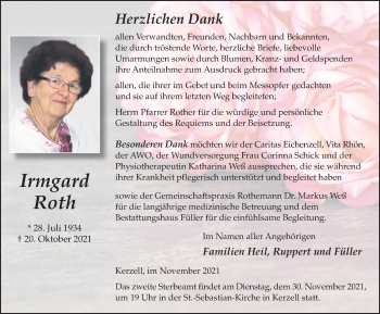 Traueranzeige von Irmgard Roth von FZ