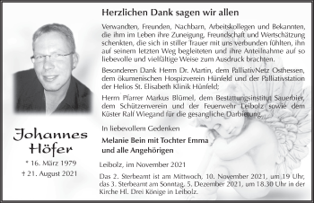 Traueranzeige von Johannes Höfer von FZ